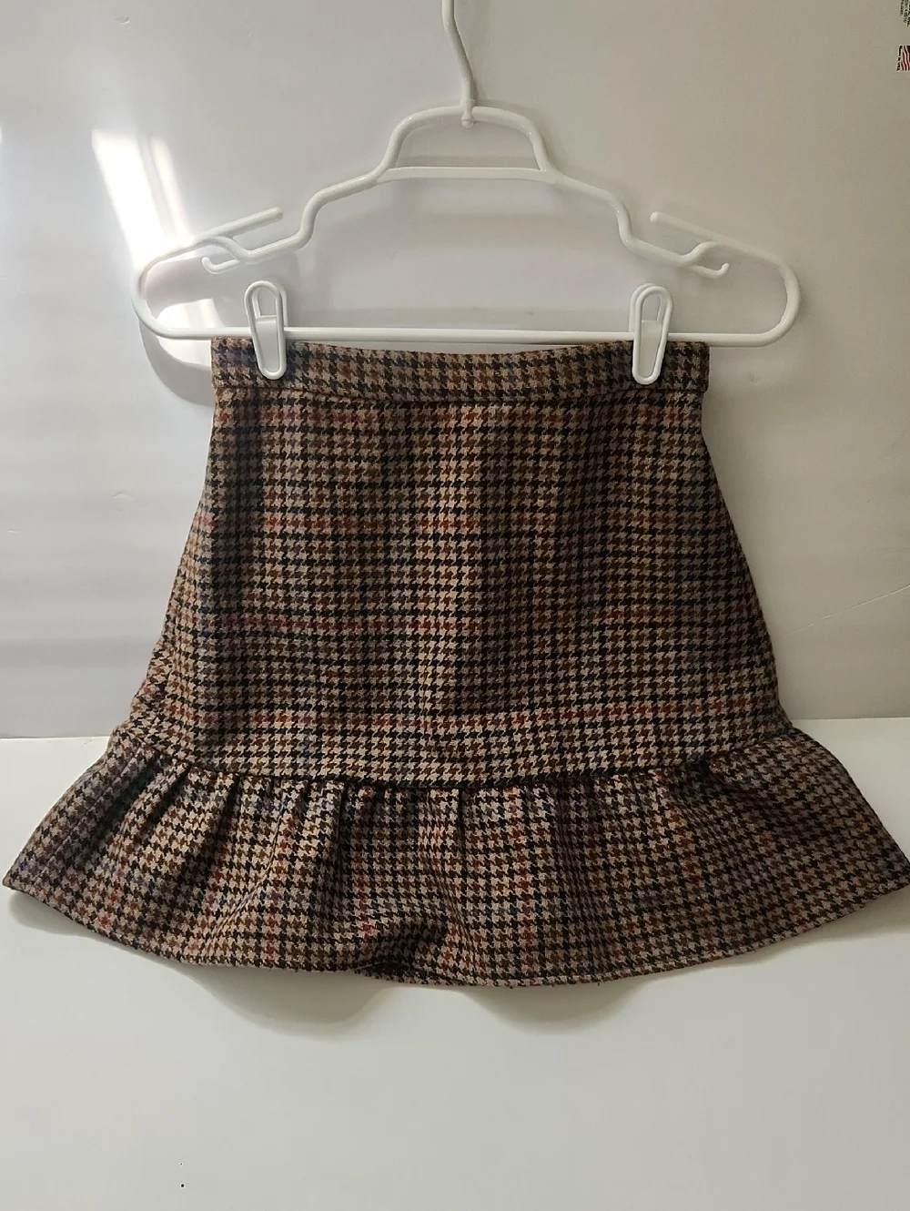 J. Crew Mercantile Brown & Black Houndstooth Ruffle Hem Mini Skirt